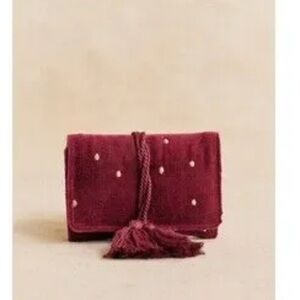 Sézane Trifold Trace Jewelry Wrap Wallet Red Gold Velvet Tassel String